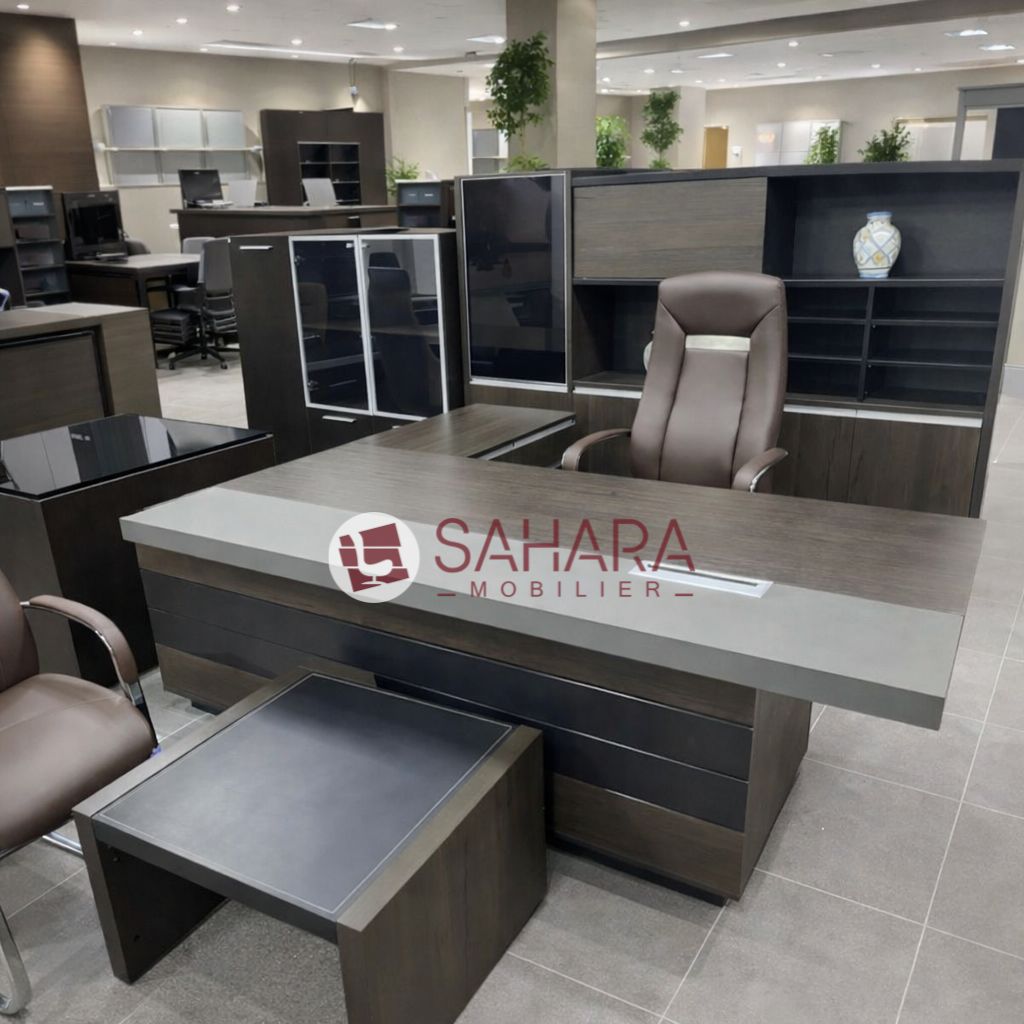 Bureau exécutif professionnel finition bois foncé et gris